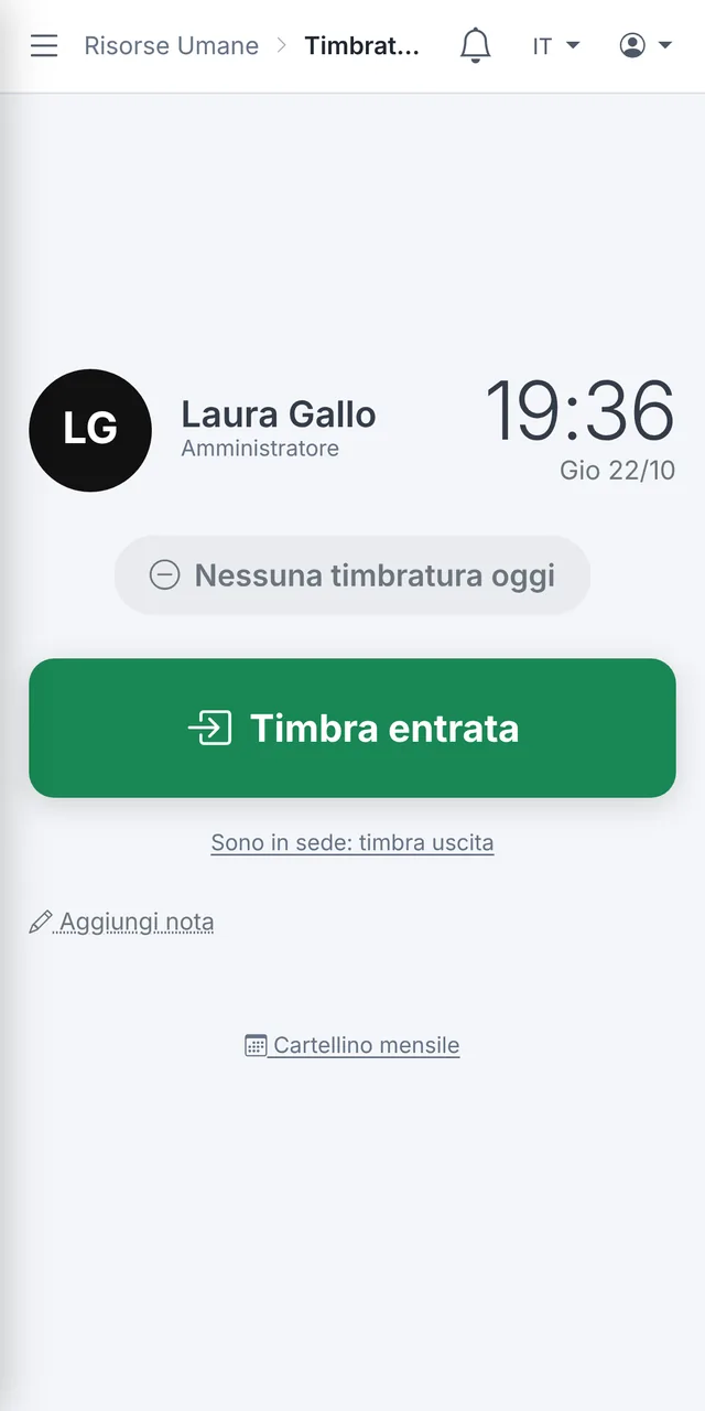 Schermata della timbratura dal telefono con il pulsante Timbra entrata